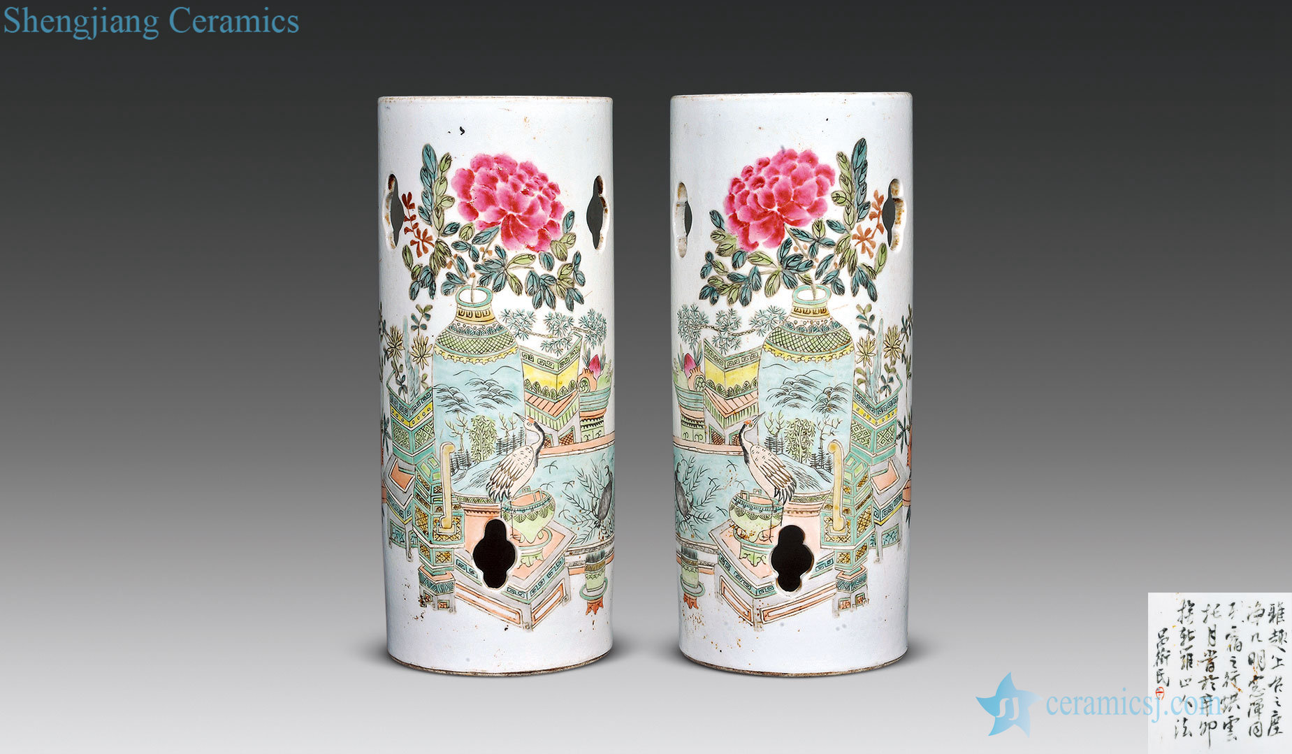 In late qing dynasty Paragraph Xu Pinheng pastel flowers lines cap tube (a)