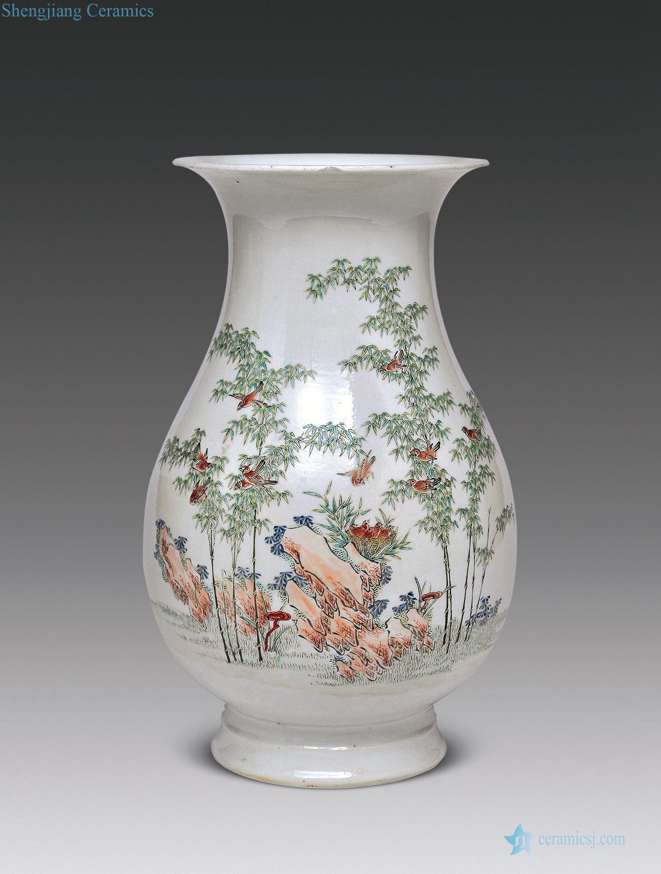 In late qing famille rose finch figure bottles of bamboo
