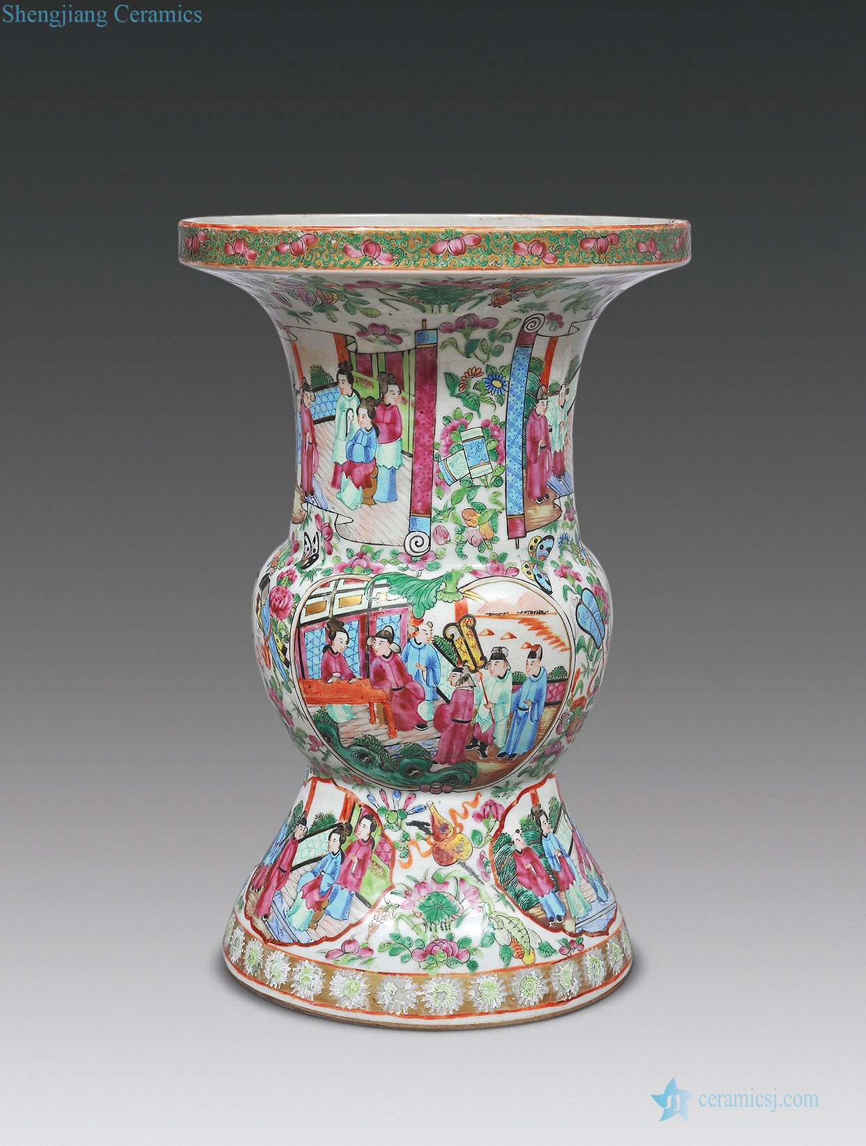 In late qing dynasty Grain flower vase with wide decorated butterfly medallion characters