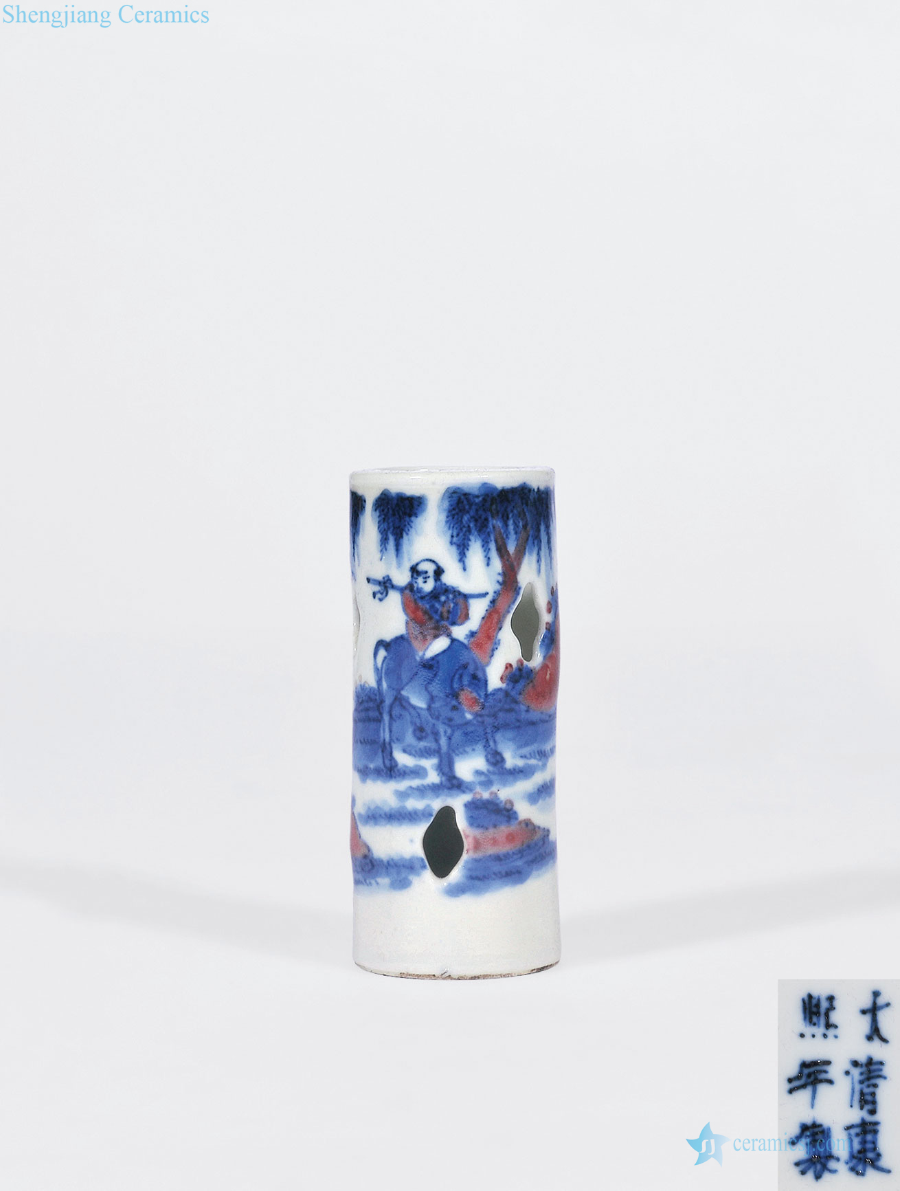 In late qing dynasty Blue and white youligong lad cattle flower receptacle