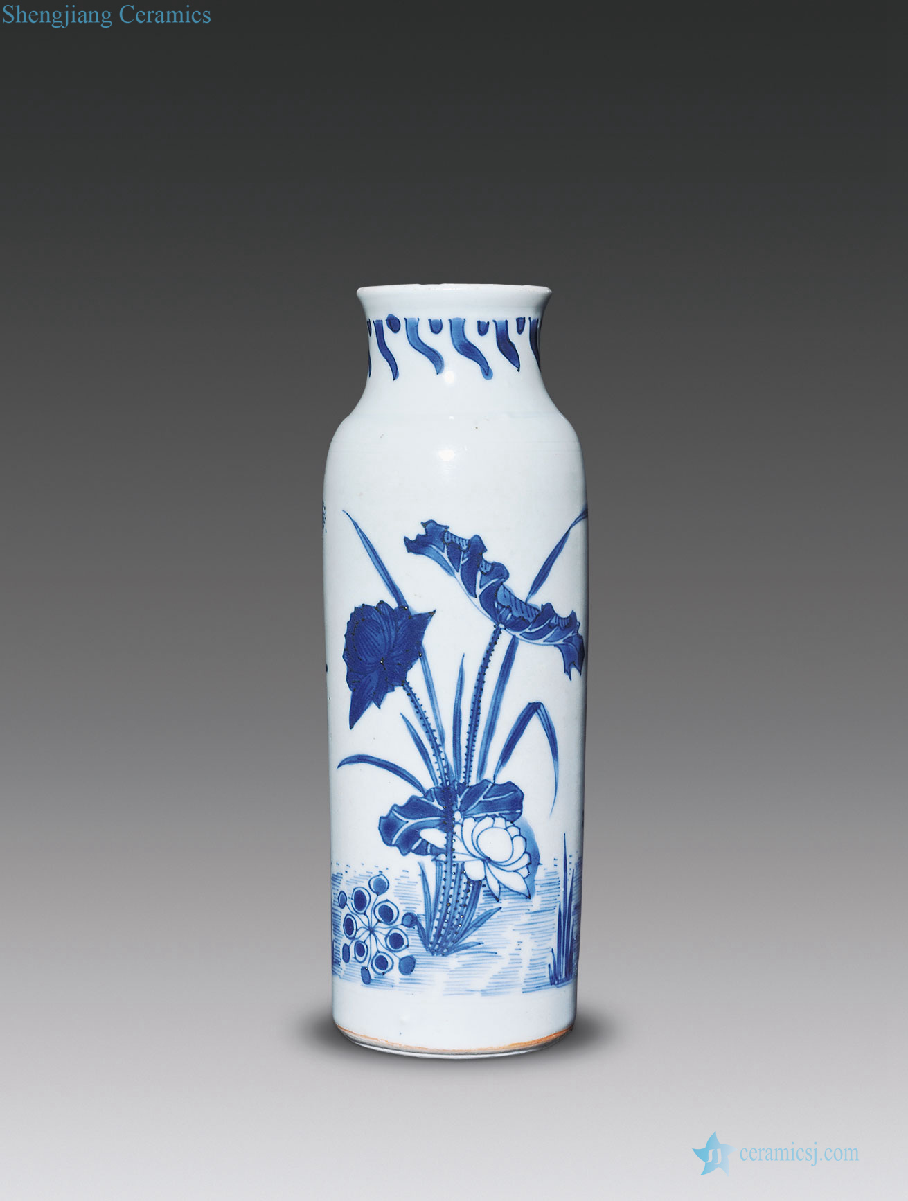 Qing shunzhi Blue and white lotus pond figure small tube bottles