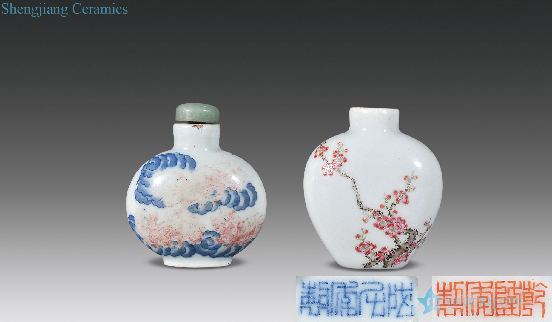 Qing dynasty blue-and-white youligong red lion ball figure, pastel plum blossom poems pipes of each one