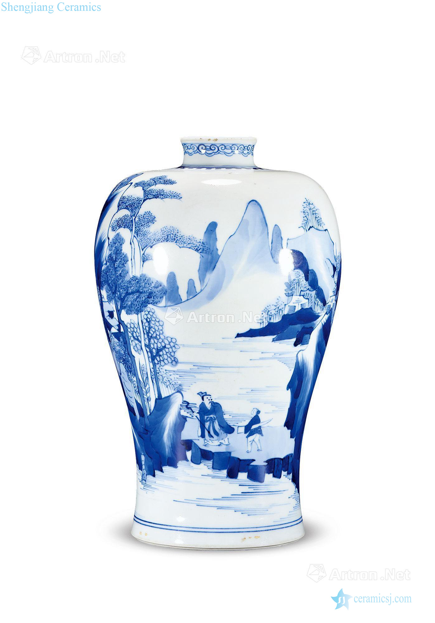 qing Blue and white landscape character mei bottle