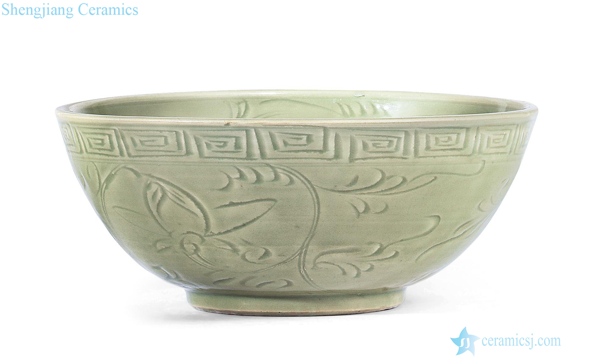 At the end of the yuan Ming Longquan celadon engrave peony grains big bowl