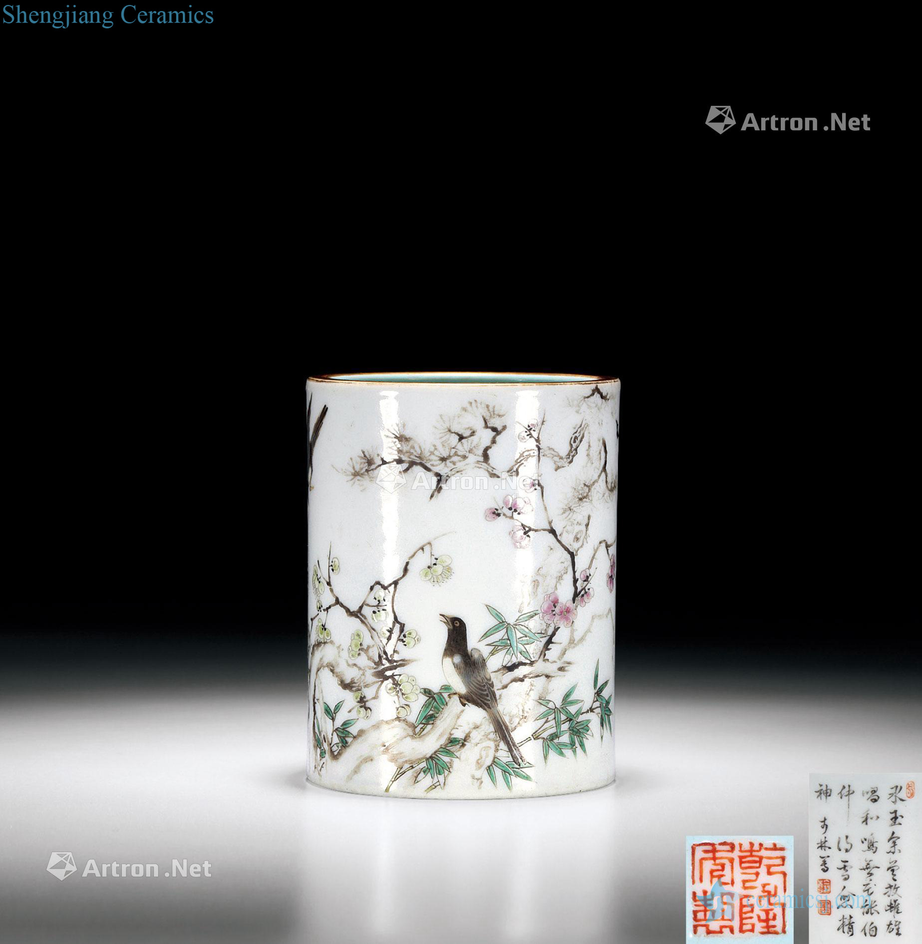 Qing qianlong B system pastel magpie on mei pen container