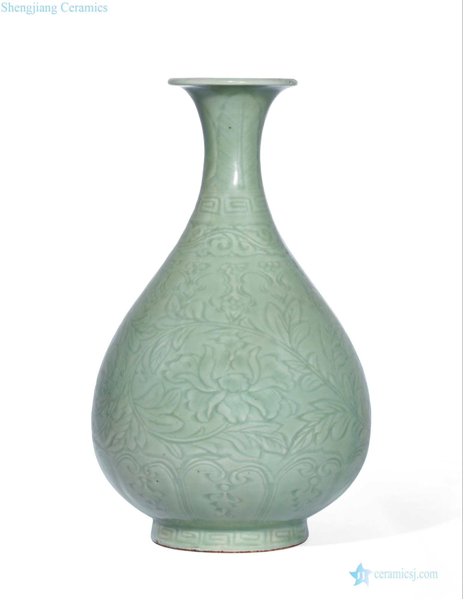Ming hongwu Longquan green glaze scratching peony grains okho spring bottle