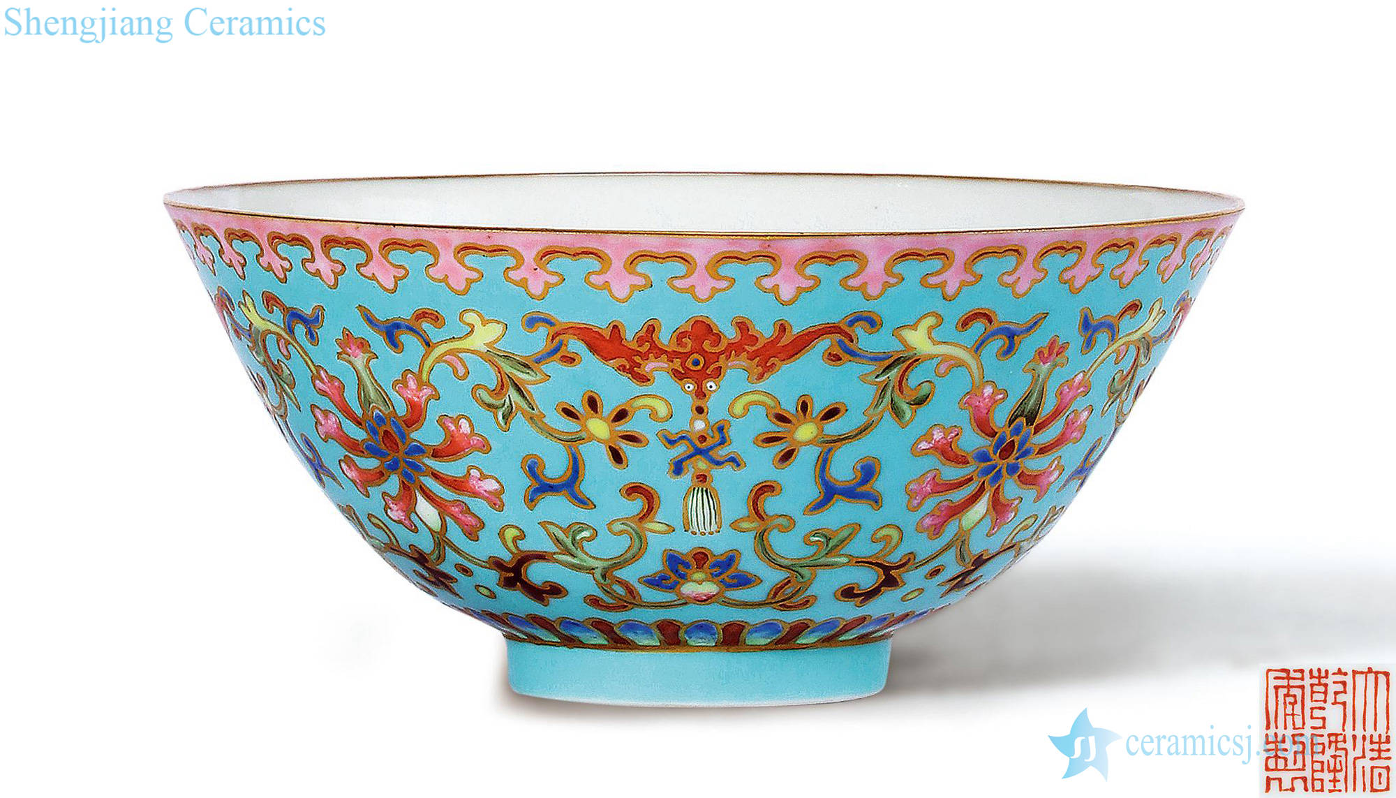Qing qianlong carved turquoise green enamel paint Wan Fubao grain bowl