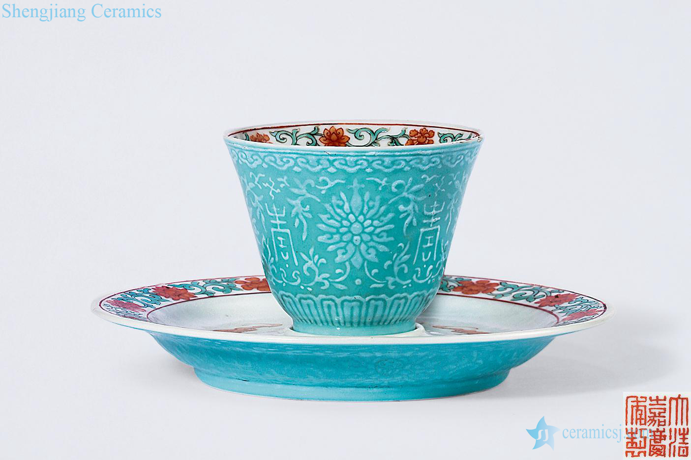 Qing jiaqing turquoise pile of white colorful small cups, lamp that holds a group (or two)