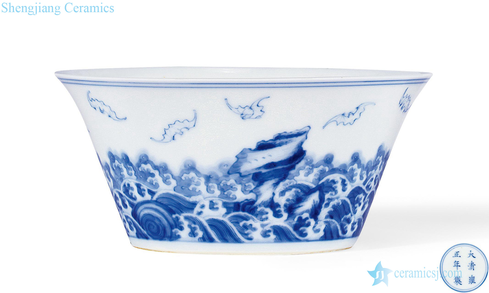 Qing yongzheng Blue and white shou airdropping figure horseshoe bowls