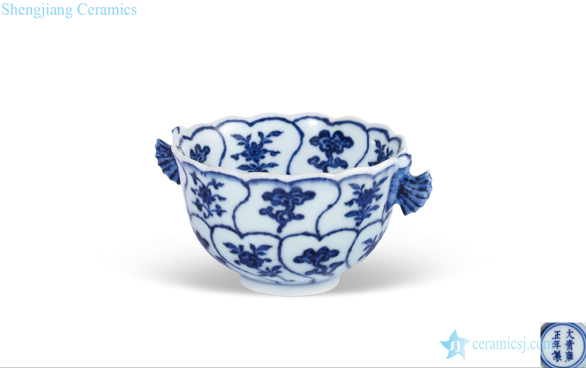 Qing yongzheng Blue and white ganoderma lucidum flower green-splashed bowls