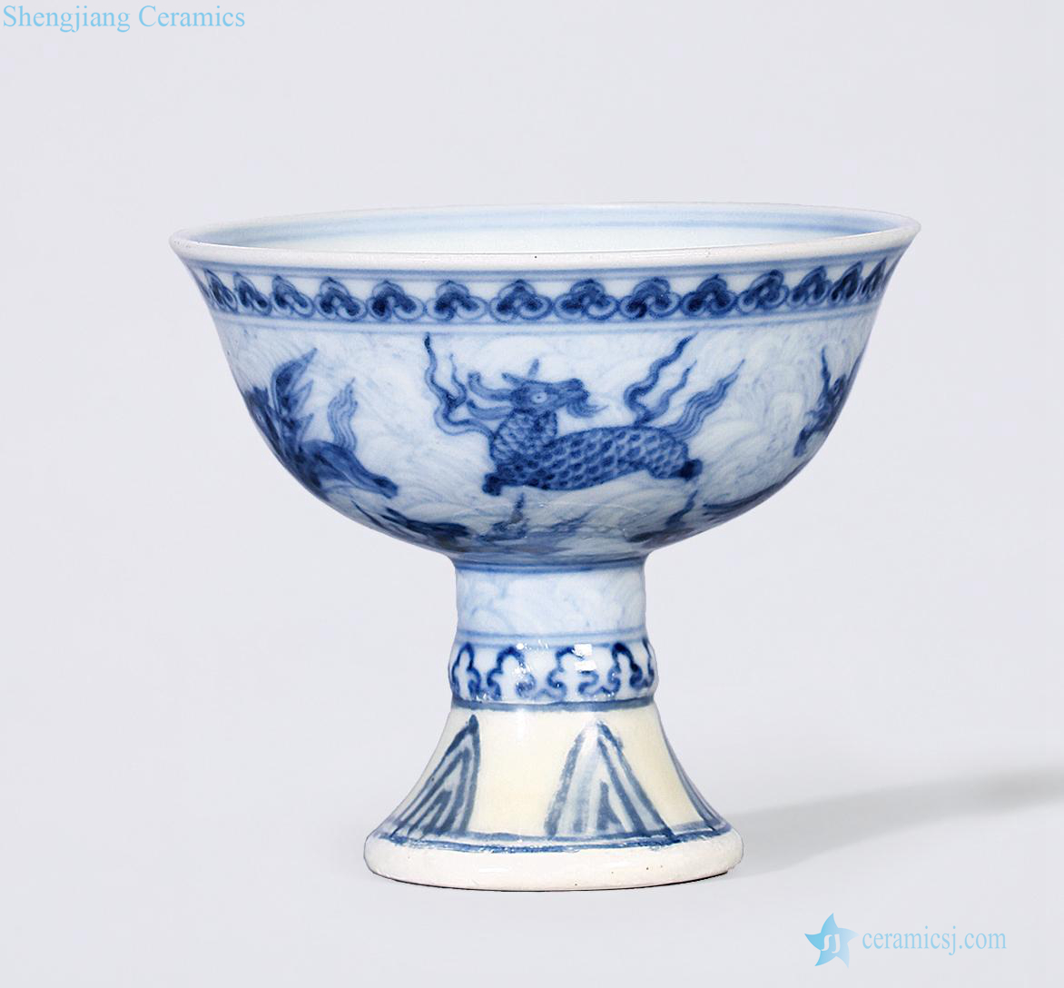 The qing emperor kangxi Blue and white hippocampus Sanskrit footed cup