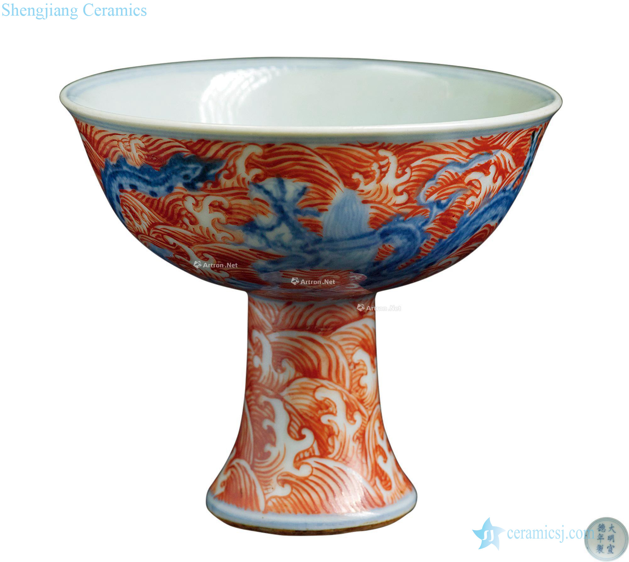 Ming xuande Blue and white alum red shadow sea dragon flying footed cup