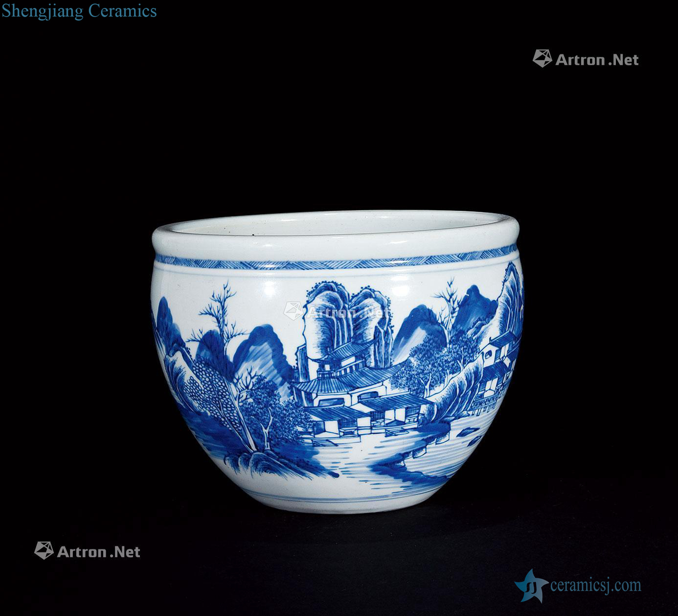 qing Blue and white landscape characters in cylinder