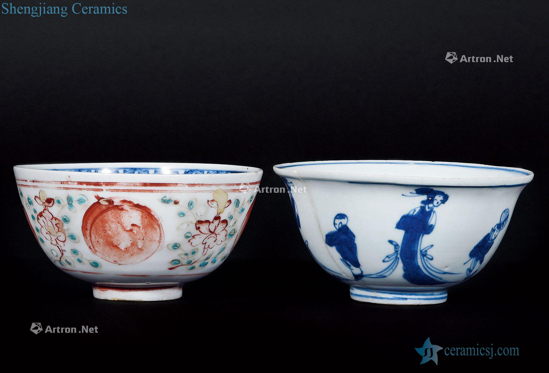 Ming jiajing inside outside red, green and blue color bowl character ladies to fold along the bowl of each one