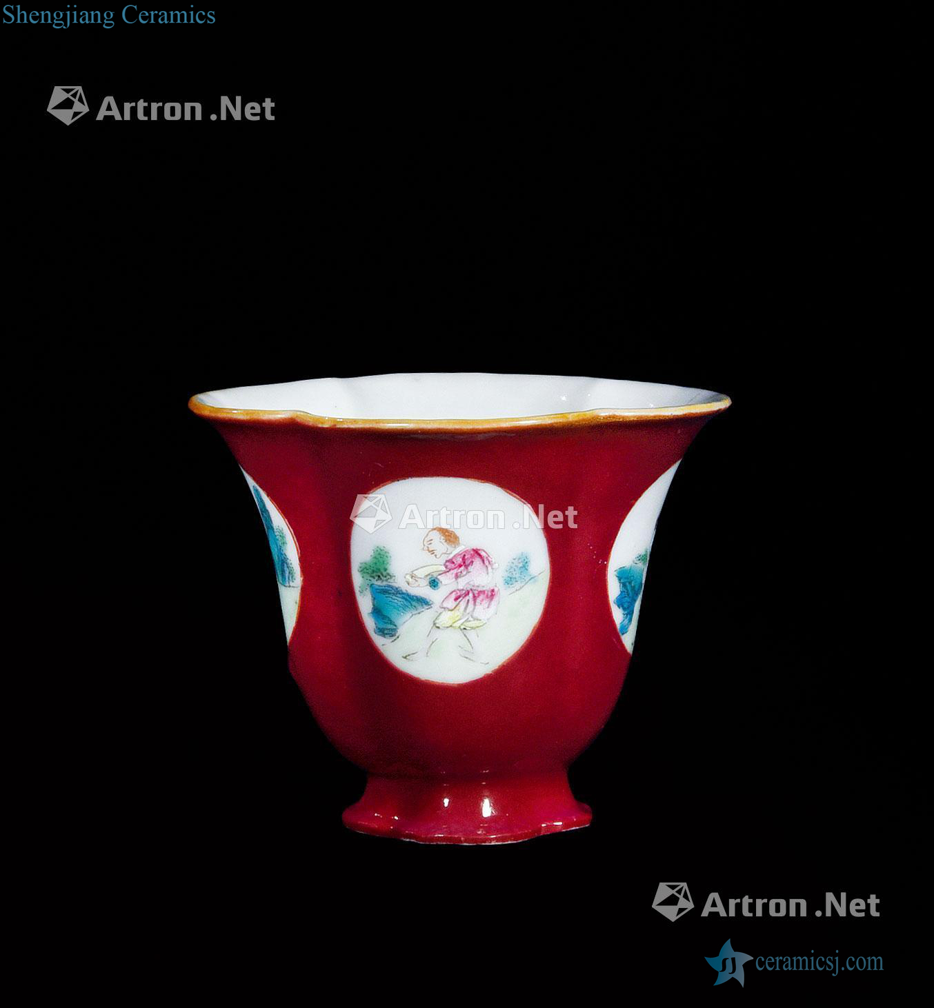 Qing qianlong Carmine red glaze medallion cup pastel western characters