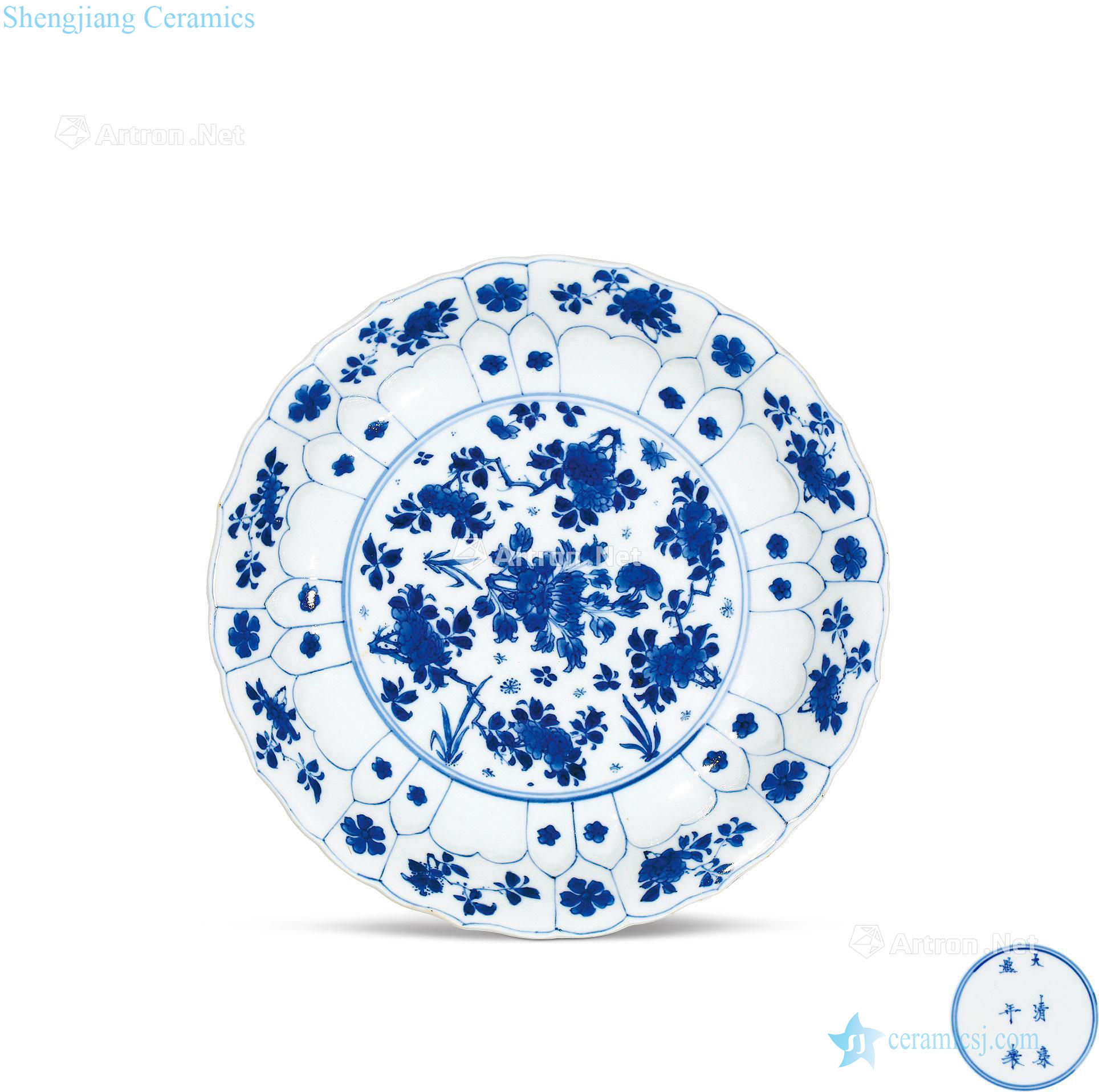 The qing emperor kangxi Blue and white flower grain kwai mouth tray