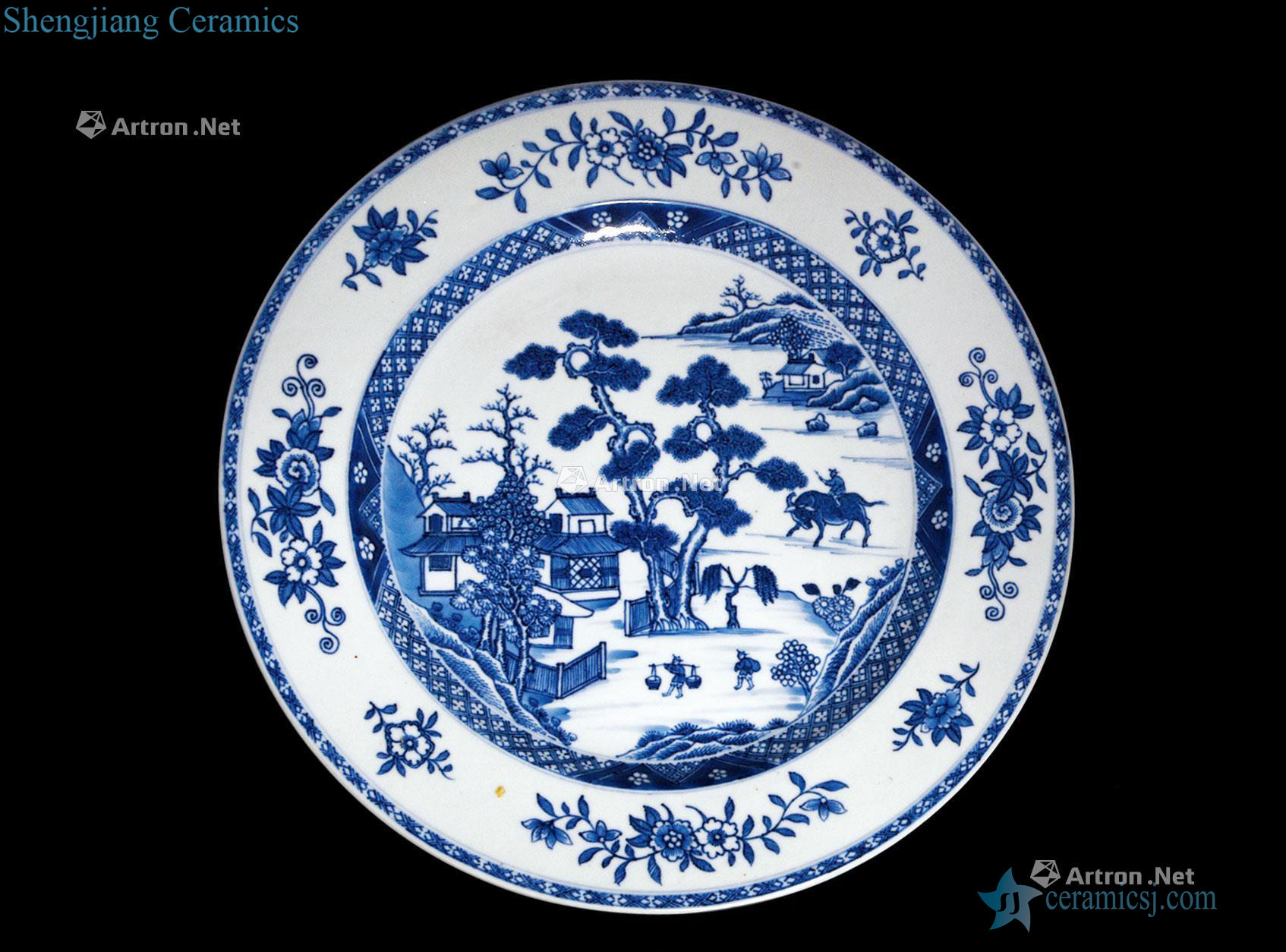Qing qianlong Blue and white landscape cattle figure