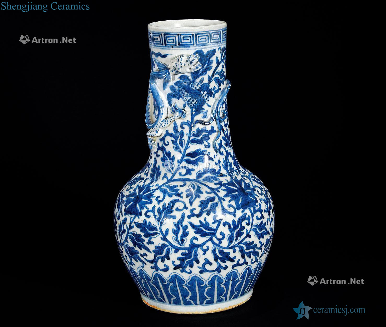 qing Blue and white lotus flower panlong bottles