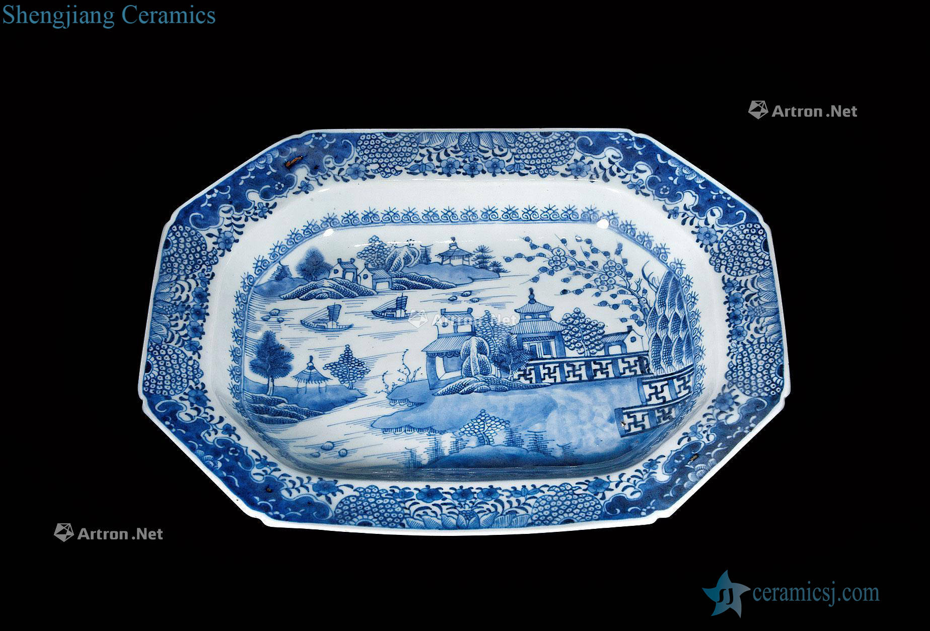 Qing qianlong Blue and white landscape eight long plate