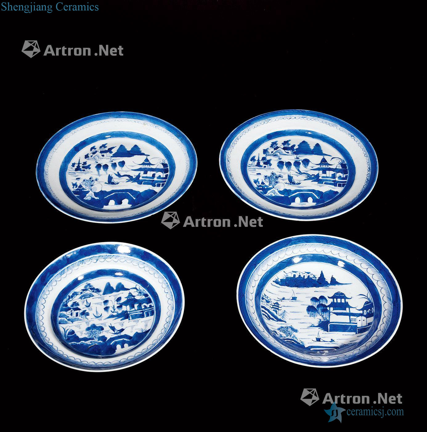 qing Blue and white landscape character set (four pieces)