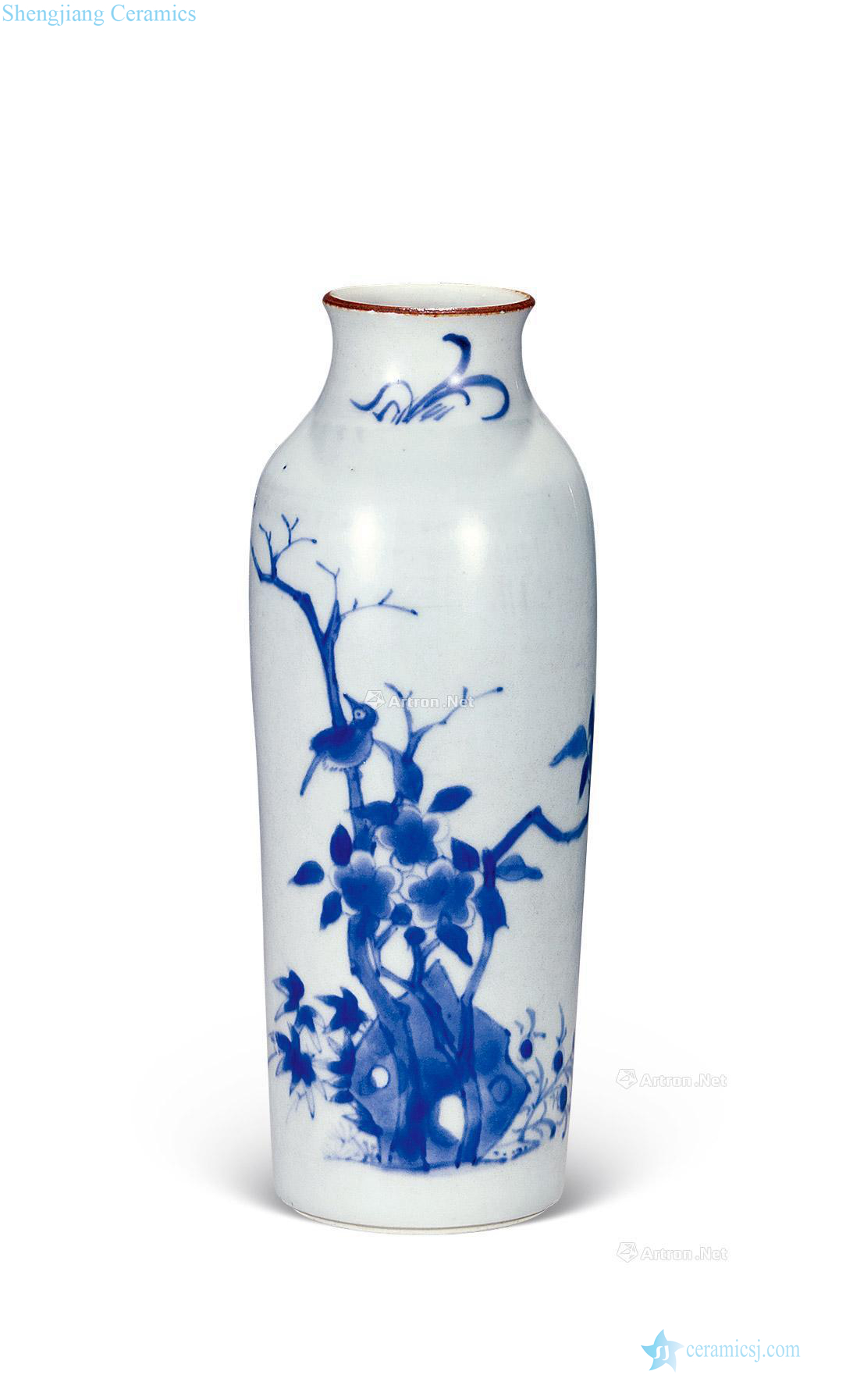 Qing shunzhi Blue and white flower on grain tube bottles