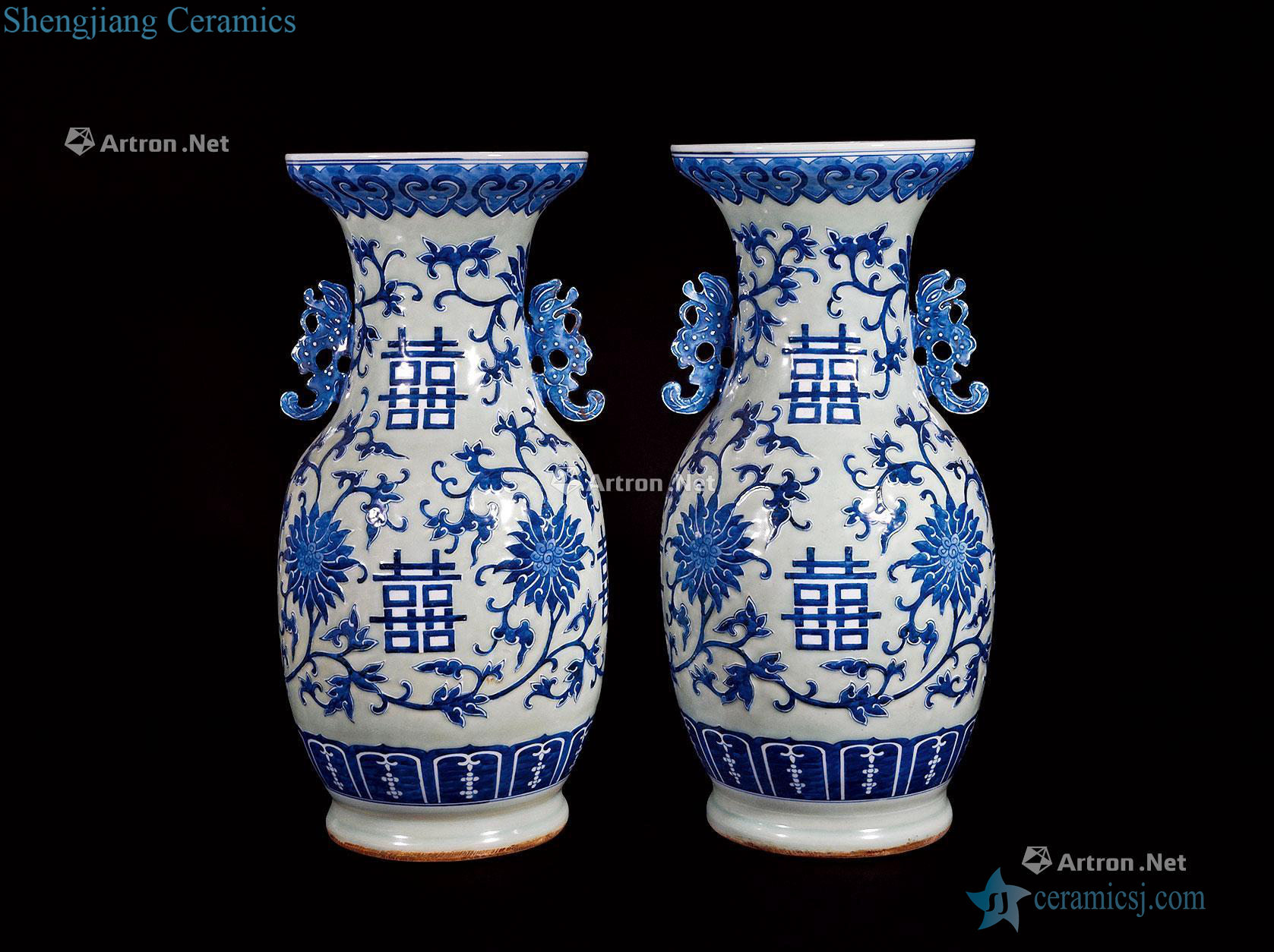 Qing pea green blue and white tie up lotus flower bottle happy character (a)