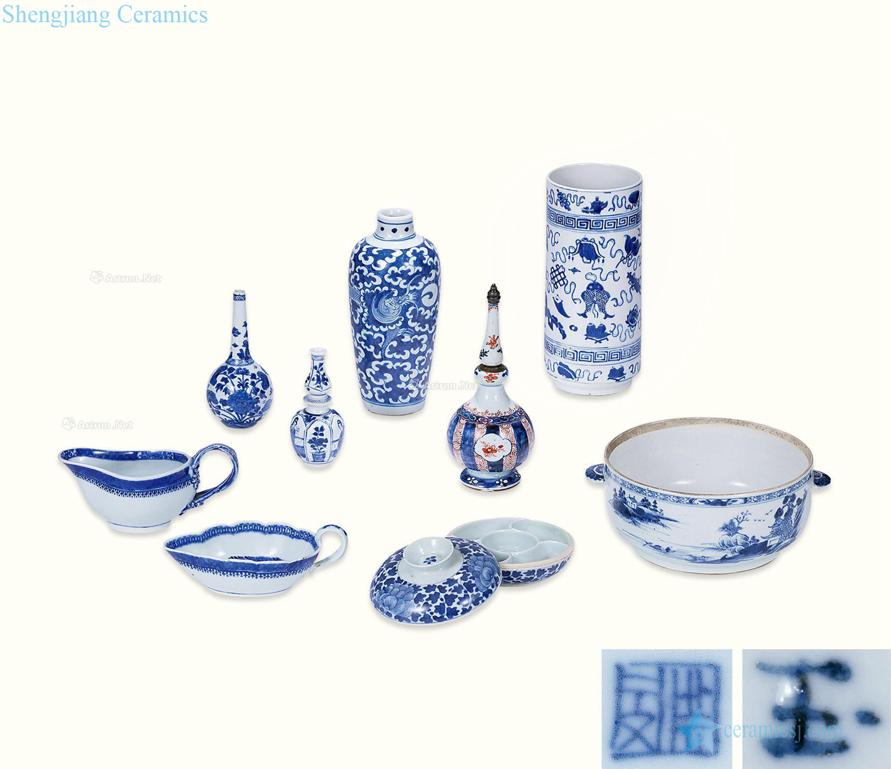 Qing dynasty blue and white porcelain (a group of nine pieces)