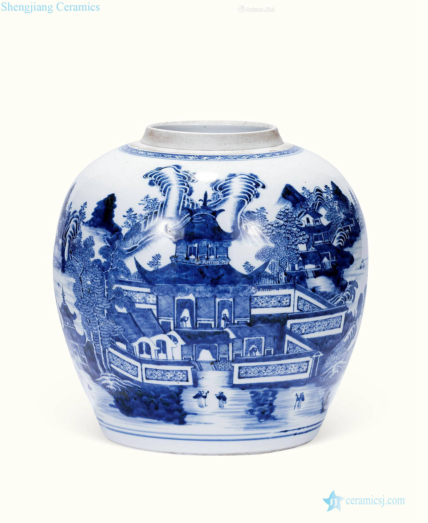 Qing qianlong A castle in the blue and white landscape figure cans