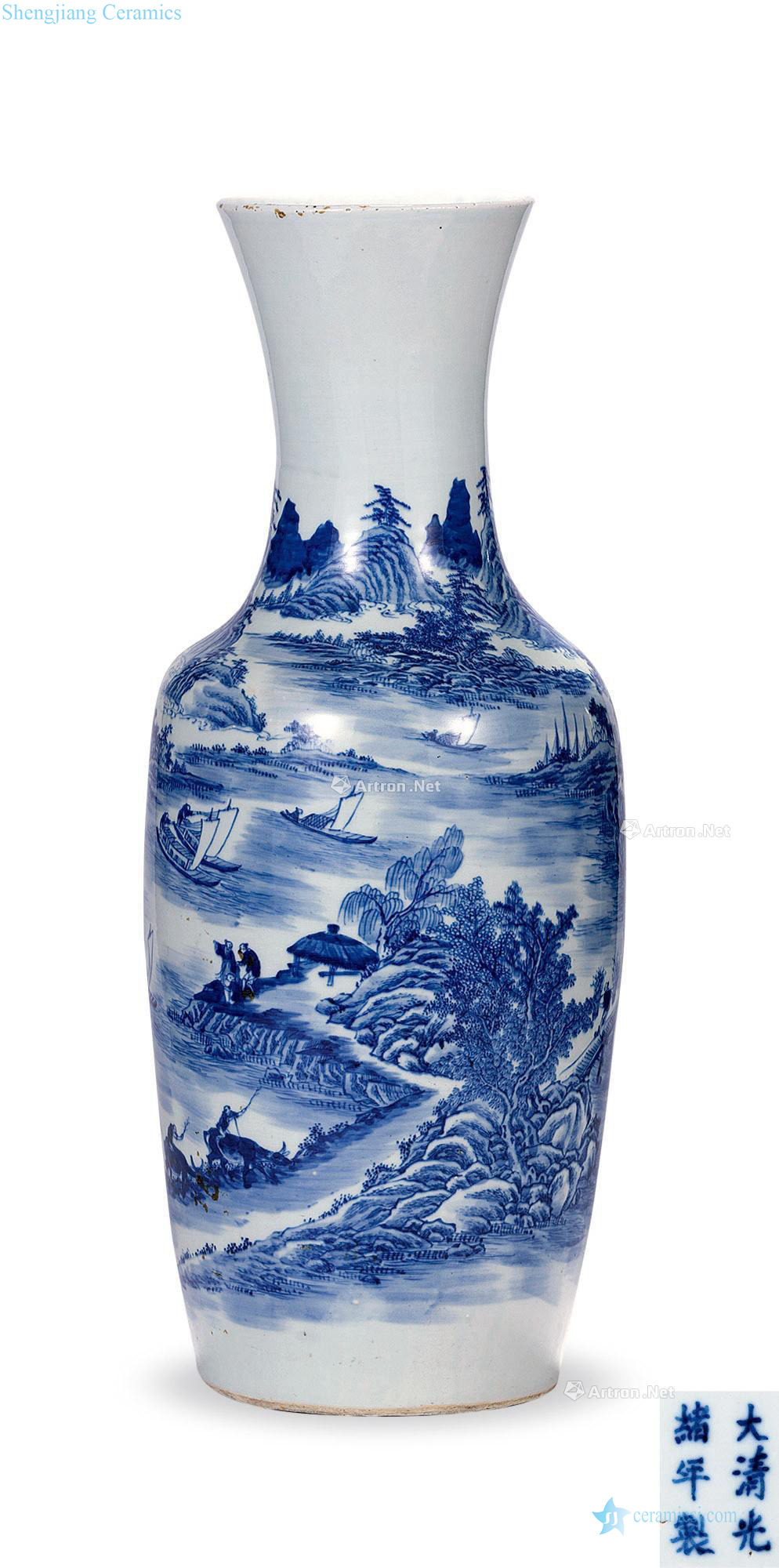 Qing guangxu Blue and white landscape character story figure large bottle