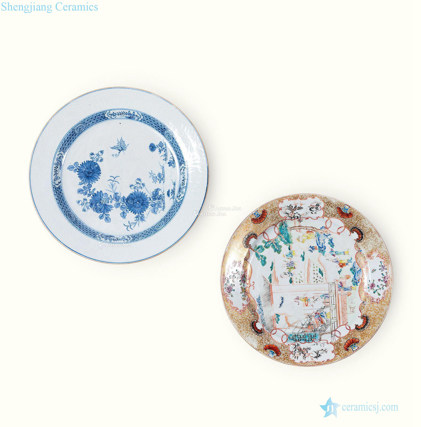 Qing qianlong Blue and white flower plate, wide color character figure plate (a set of 2)