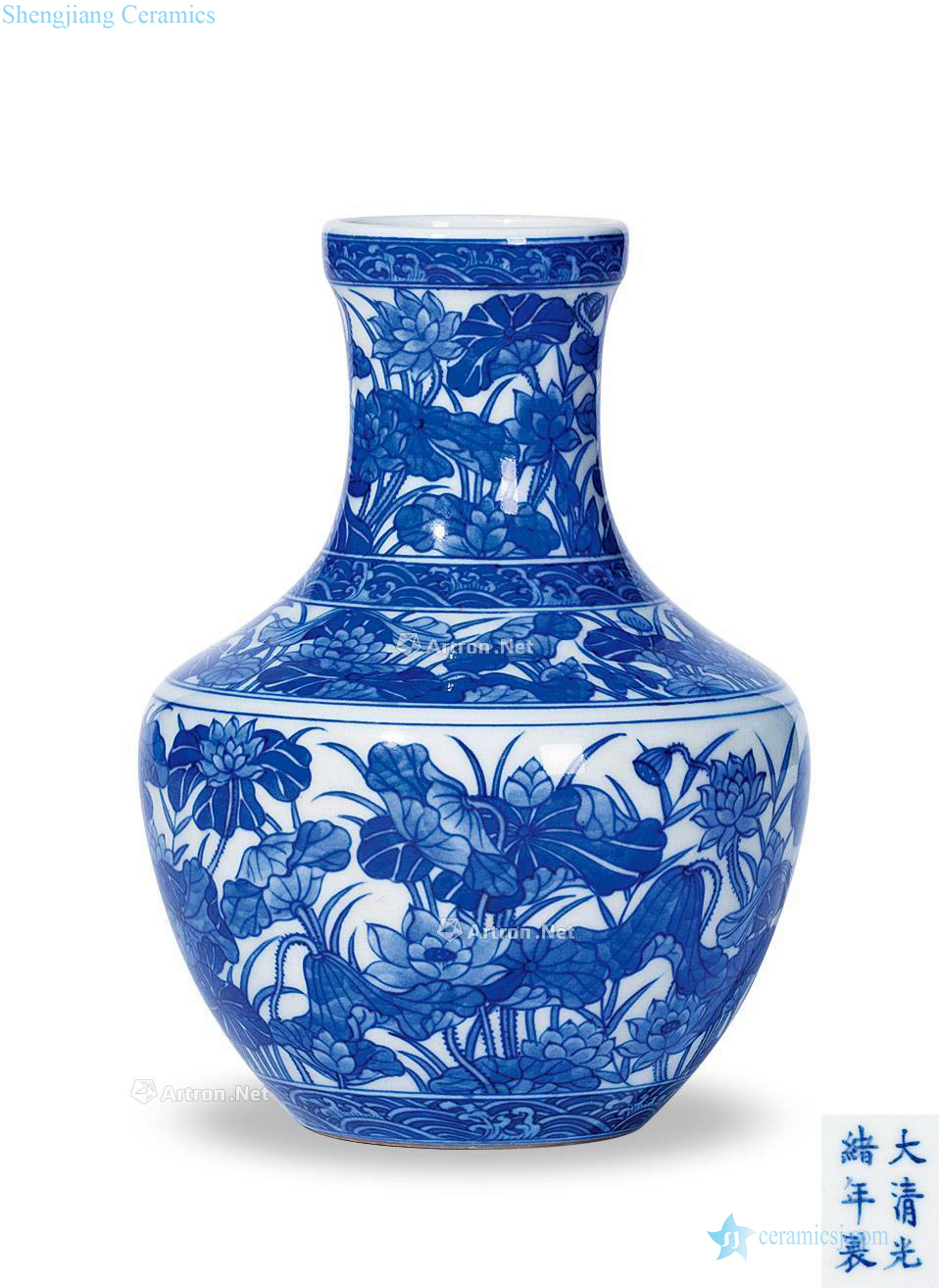 Qing guangxu Blue and white lotus pond figure bottles