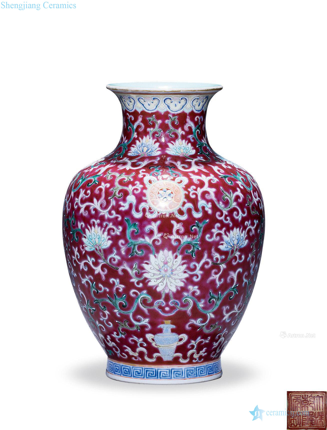 Qing carmine in pastel eight auspicious lotus flower grain bottle