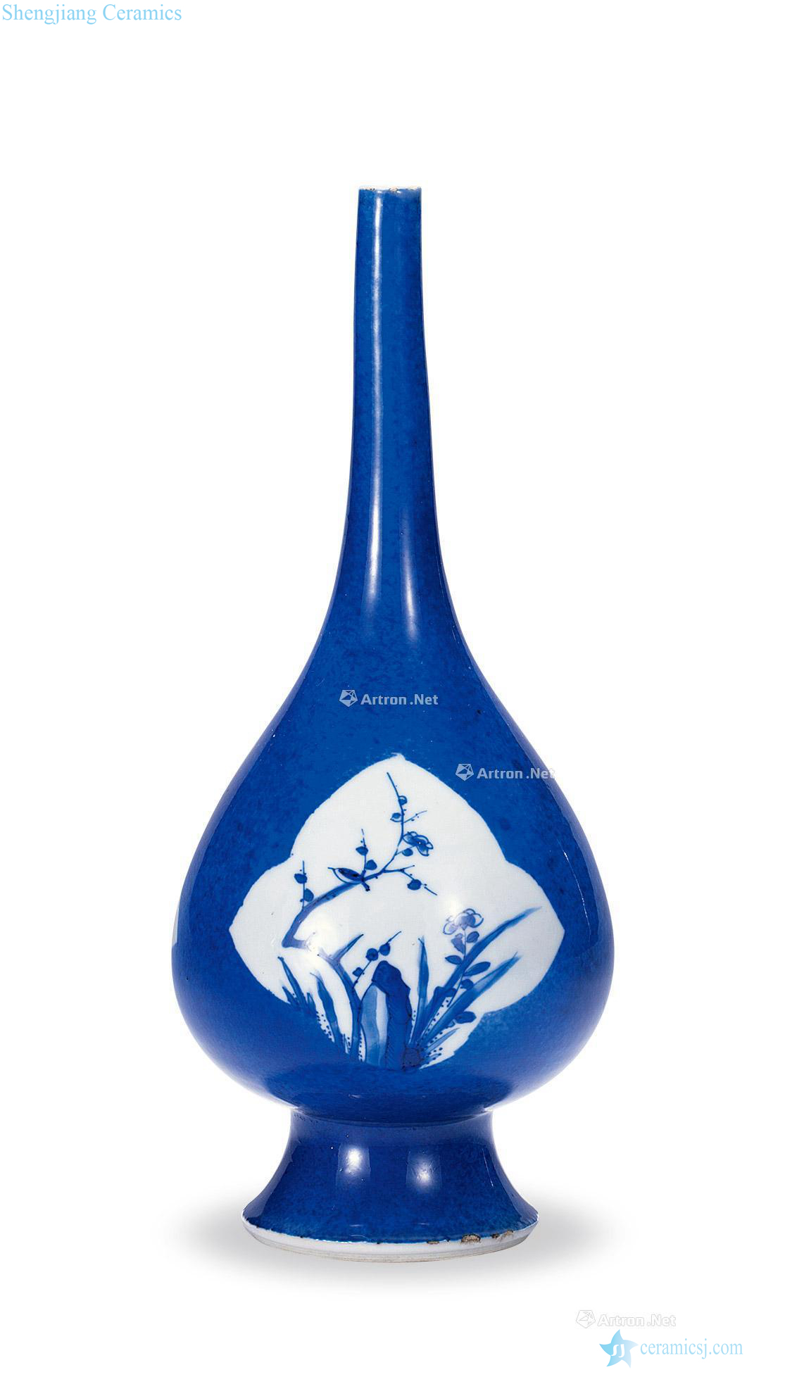 The qing emperor kangxi is aspersed blue glaze medallion flower flask