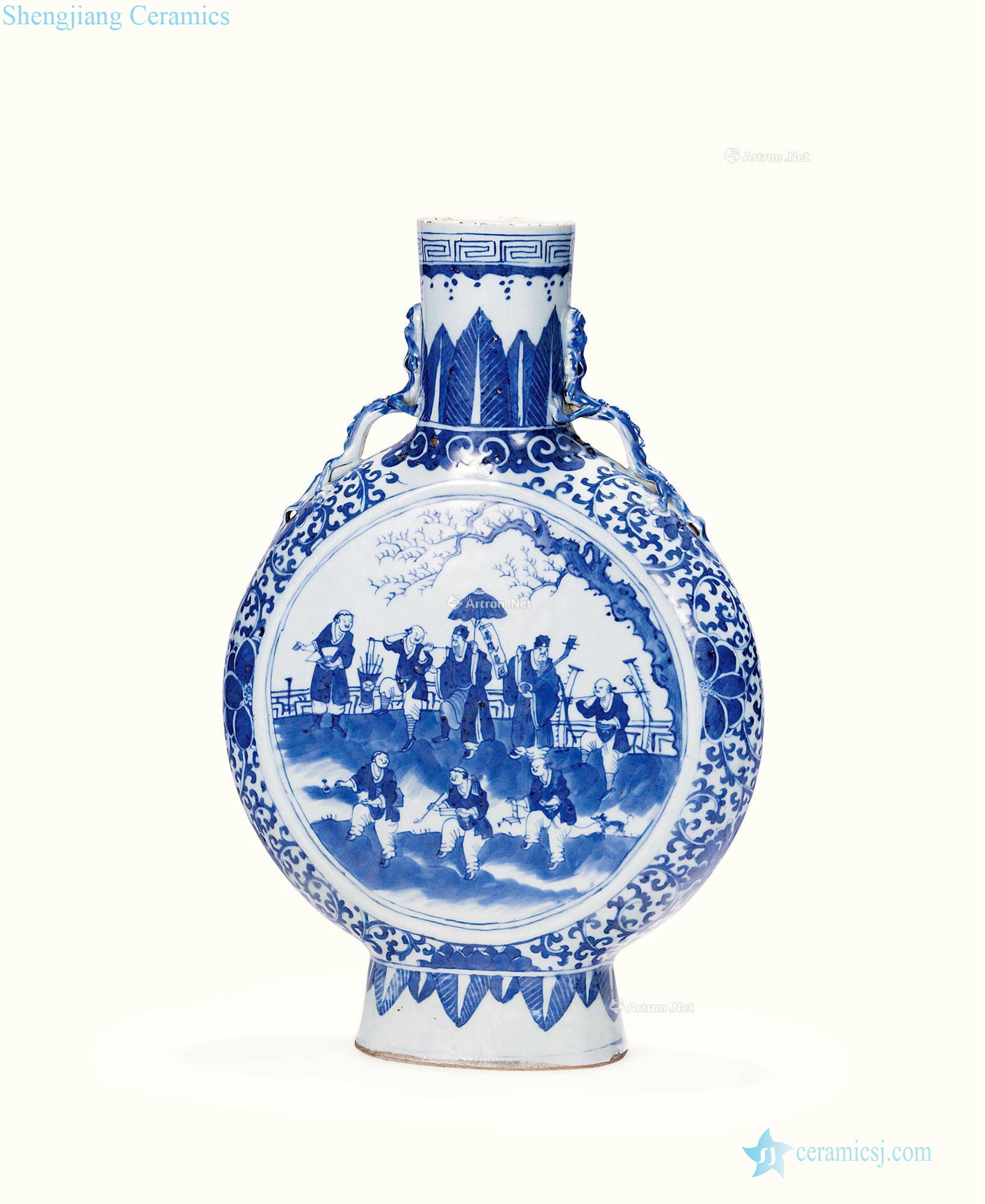 Stories of qing dynasty blue and white figure flat bottles
