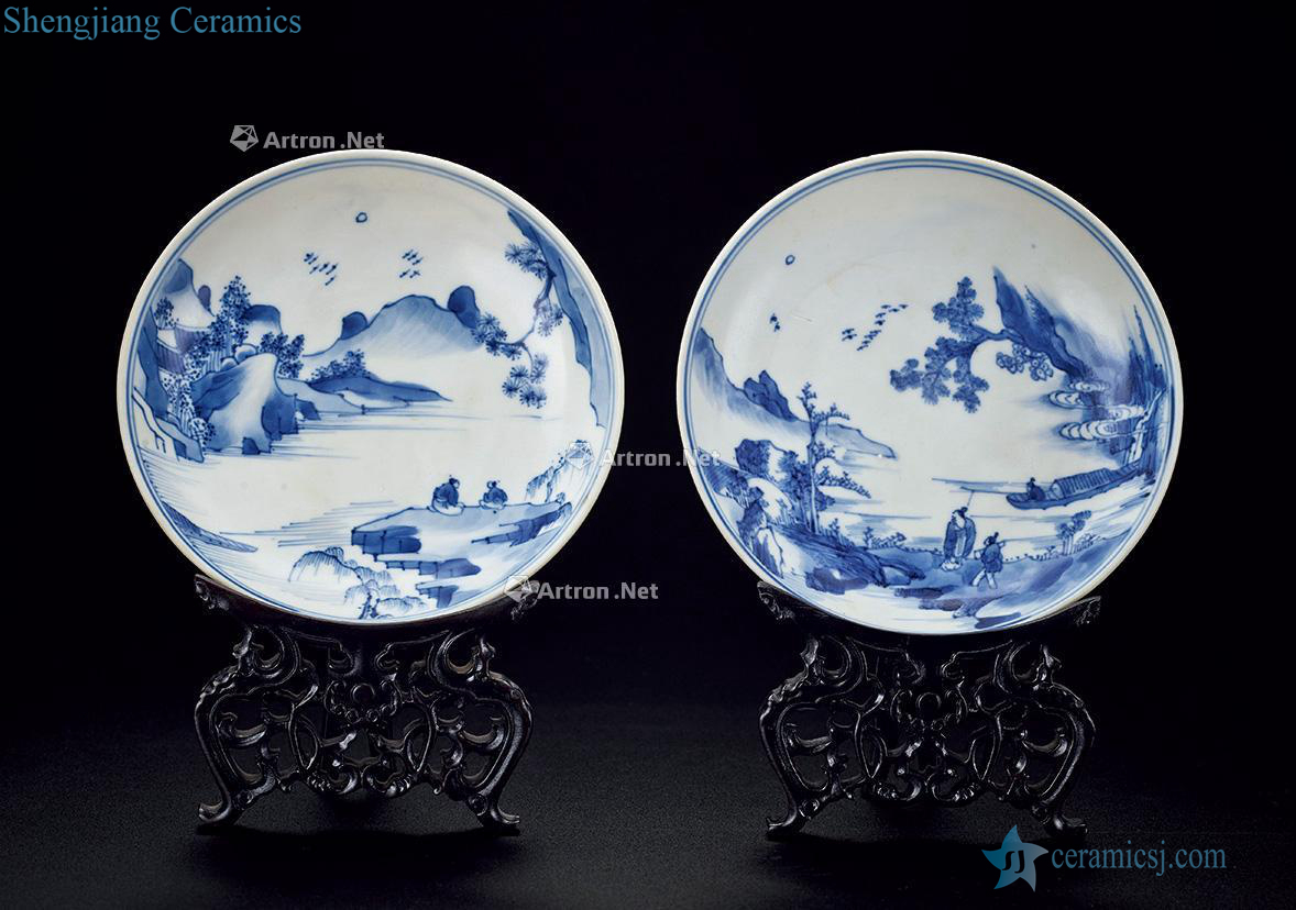 The qing emperor kangxi Blue and white landscape character plate (a)
