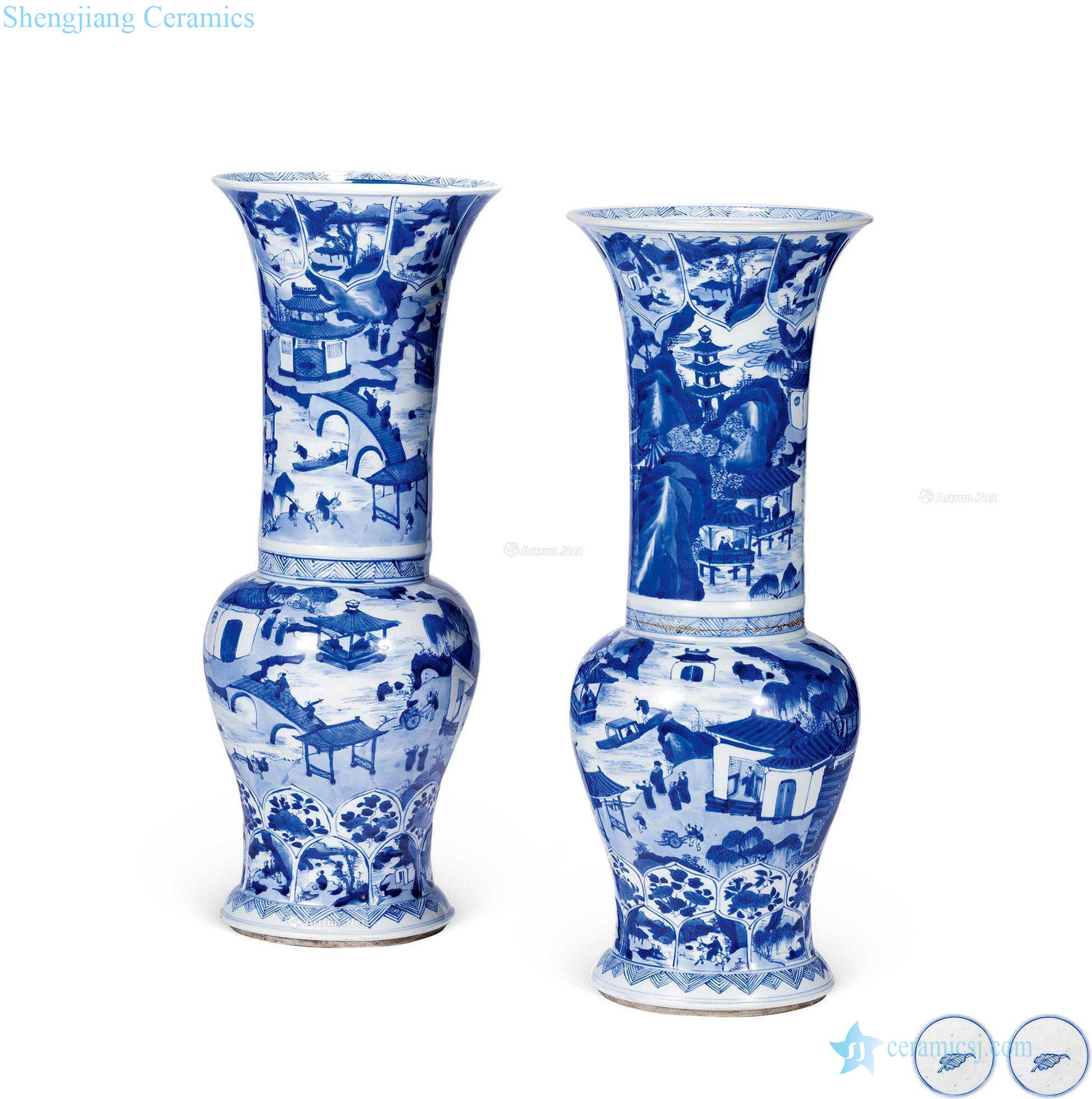 The qing emperor kangxi Blue and white landscape character figure PND tail-on statue of (a)