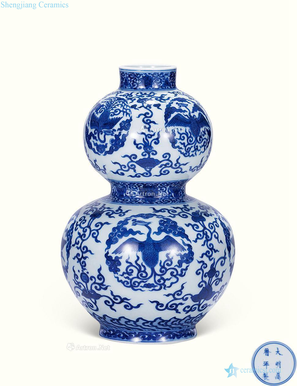 Qing dynasty blue and white crane grain bottle gourd