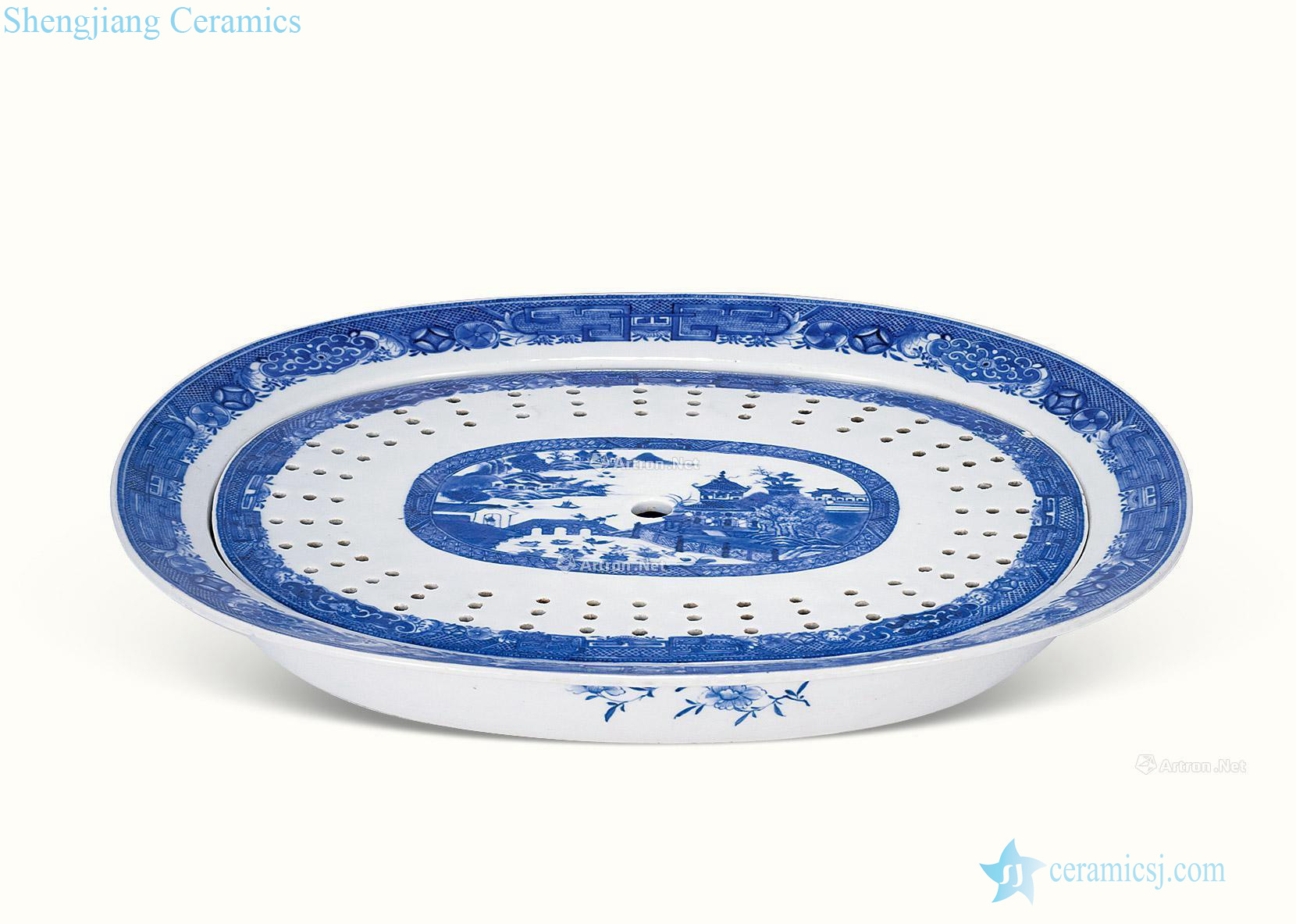 qing A castle in the blue and white landscape figure tea tray