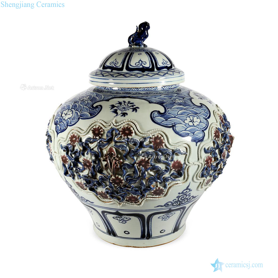 The yuan dynasty Blue and white youligong plastic flowers cordyceps lion button cover tank
