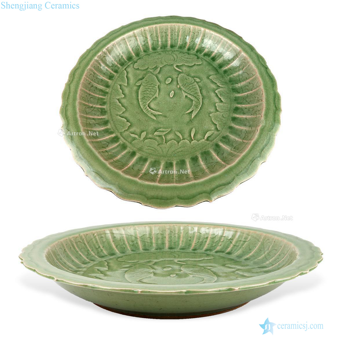 At the end of the yuan Ming Longquan celadon green glaze hand-cut Pisces grain fold along the mouth tray