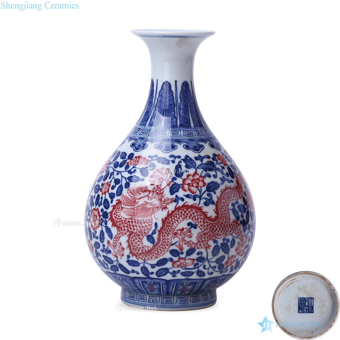 Qing yongzheng blue-and-white youligong red dragon grain okho spring bottle