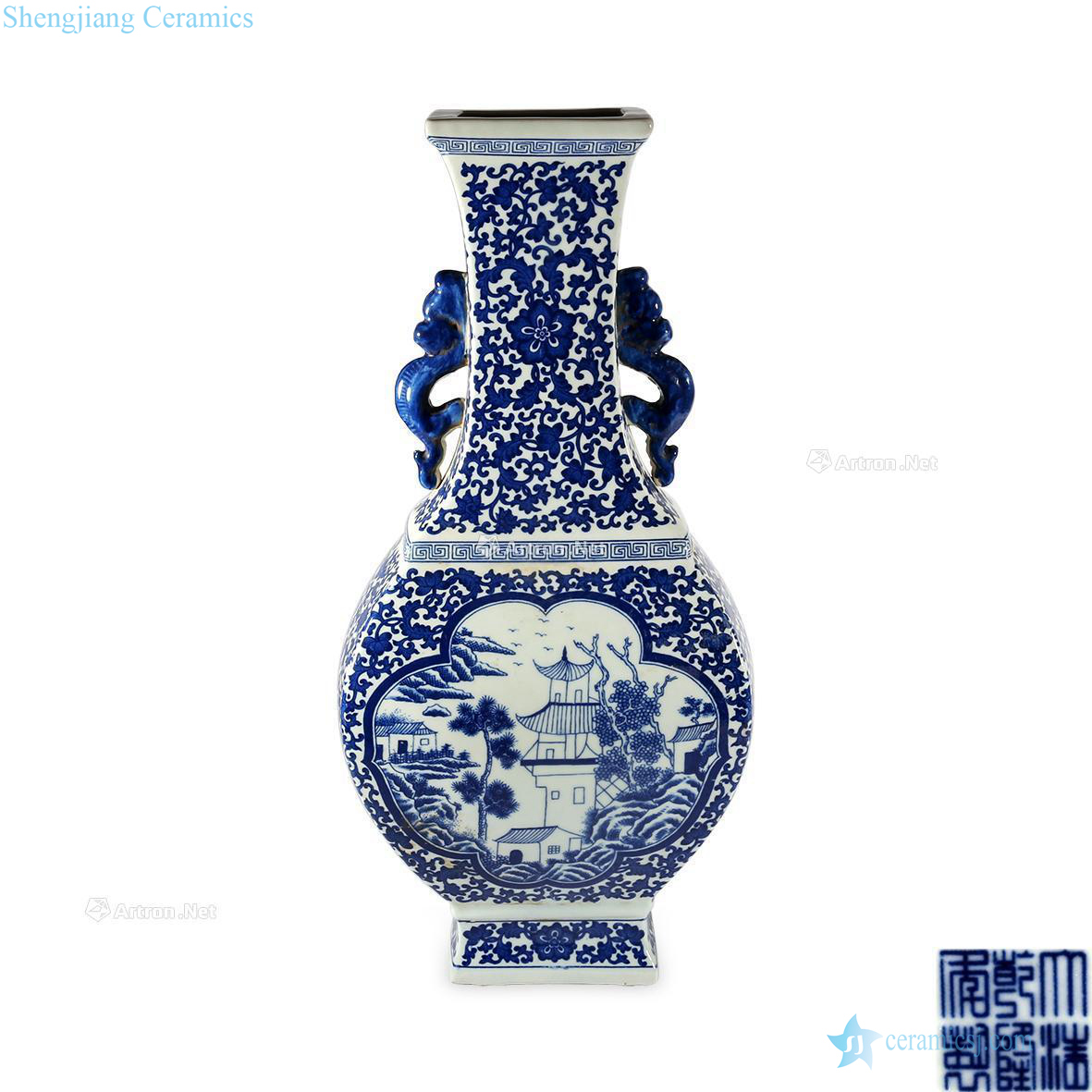 A castle in the blue and white medallion landscape square bottle with a pair of