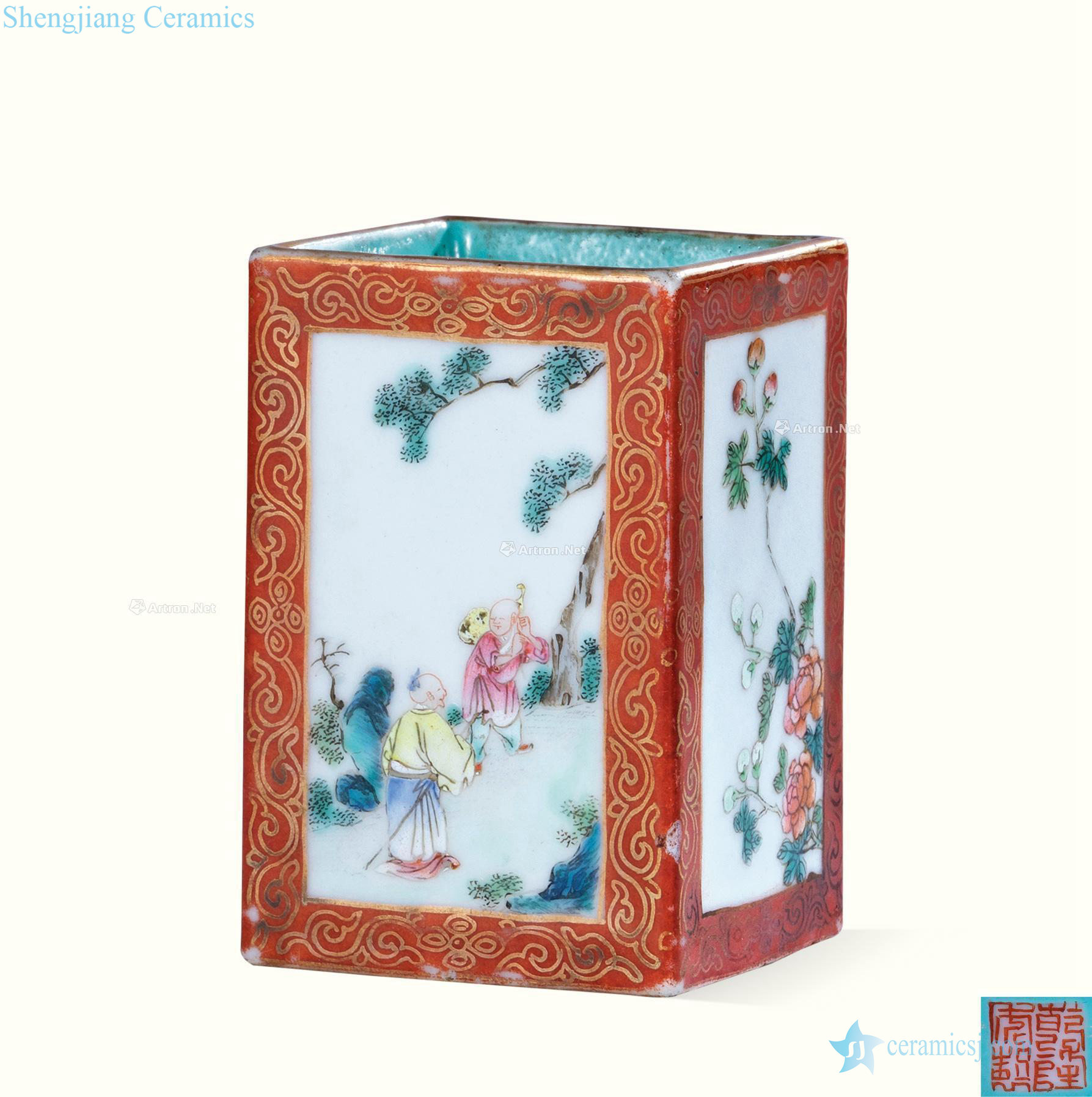 Qing qianlong pastel window figure painting of flowers and characters square brush pot