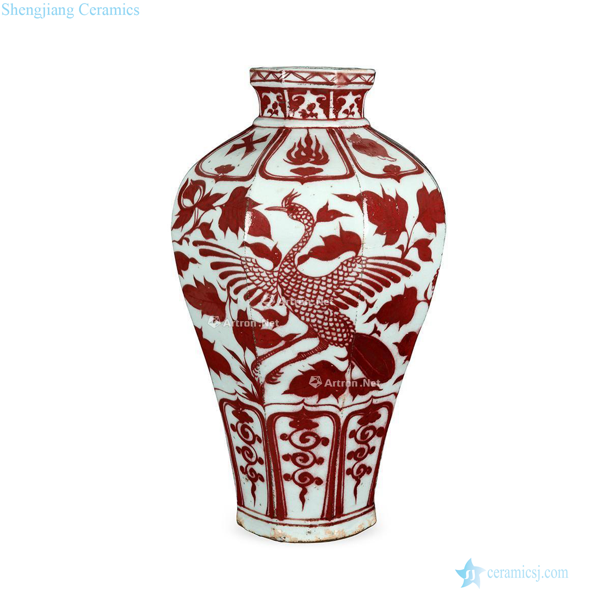 yuan Eight arrises dish buccal bottle youligong red peony peacock lines