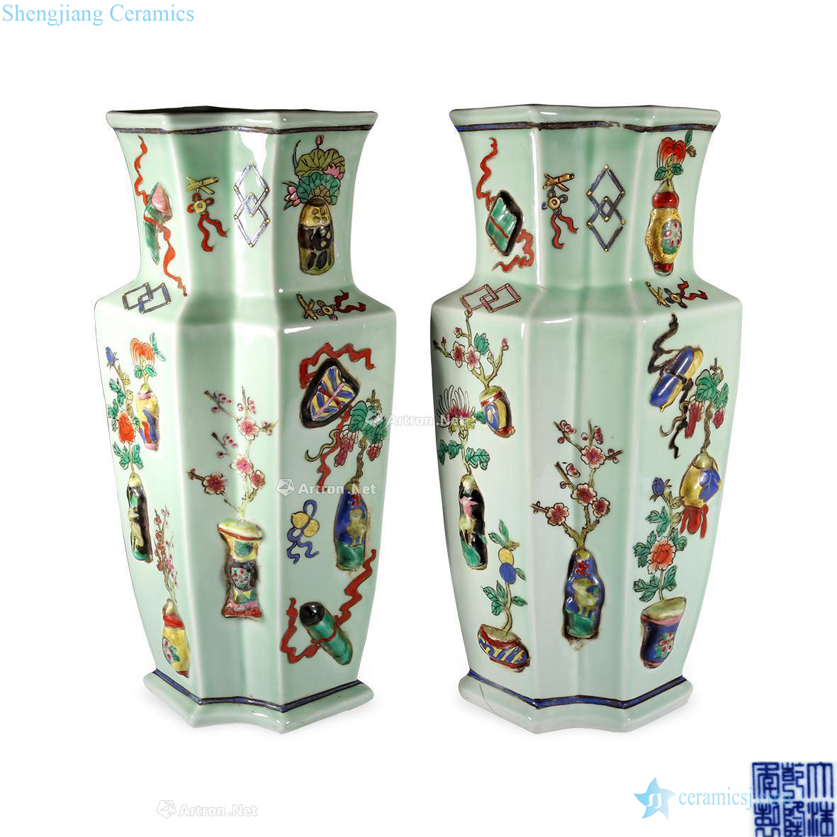 Pea green glaze enamel plastic coated dark the eight immortals grain fangsheng bottles