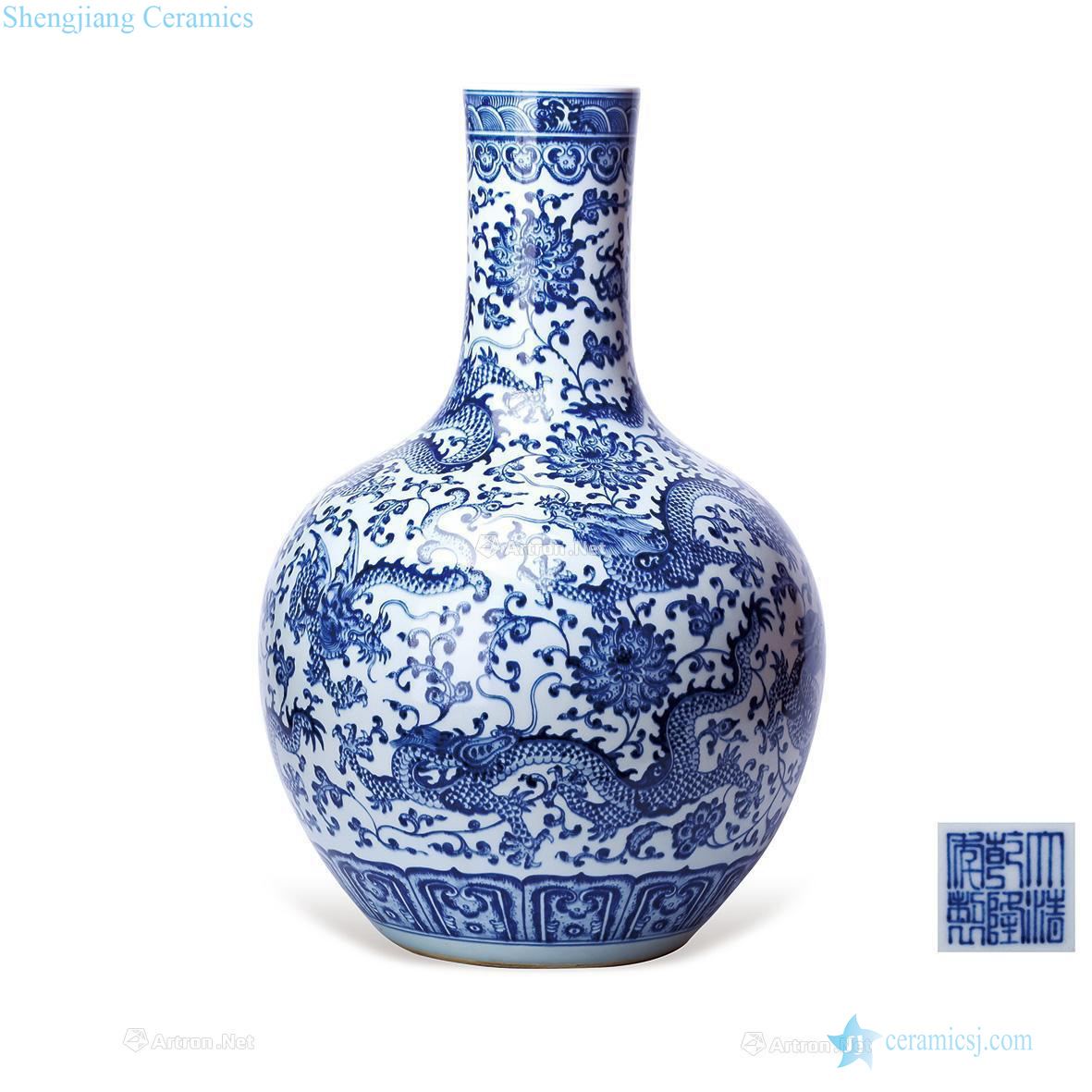 Qing qianlong Blue and white dragon wear peony pattern tree