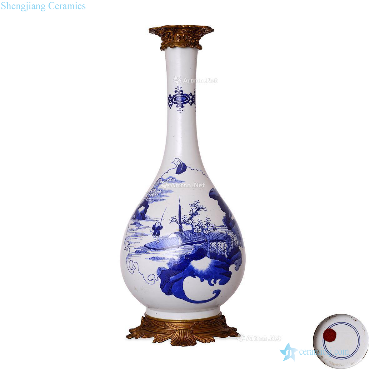 In the qing dynasty Blue and white landscape figure BaoJinChang gall bladder neck