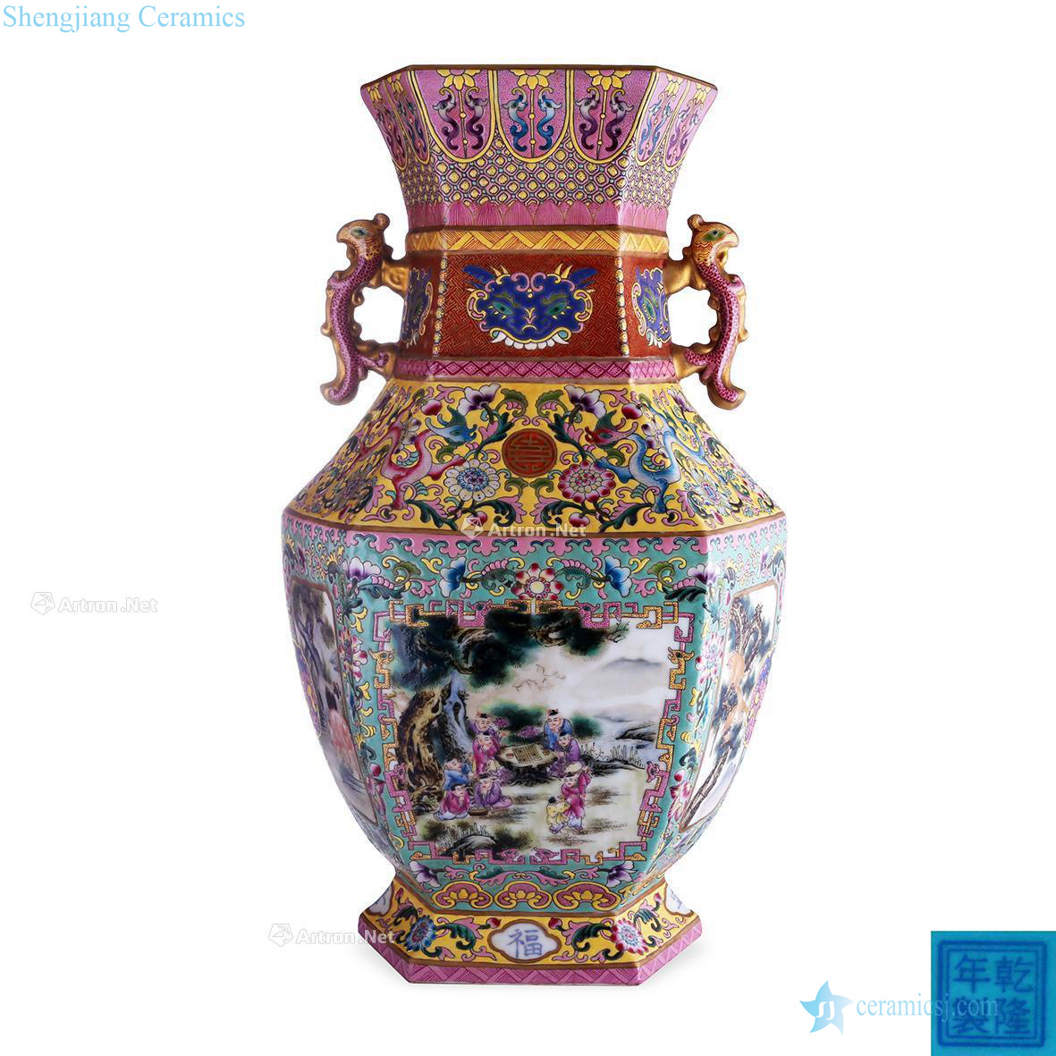 Qianlong ocean color paint medallion YingXiWen double phoenix ear vase