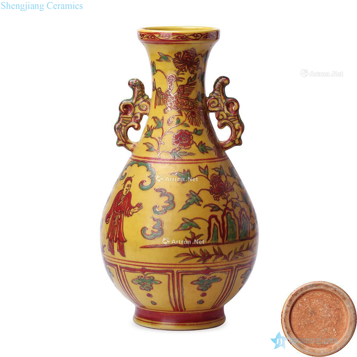 The yuan dynasty Yellow to red colour character story dish buccal bottle with a pair of green color