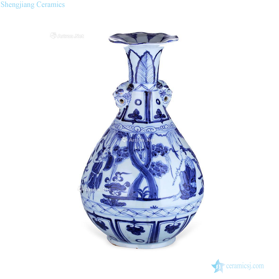 Yuan later Stories of blue and white lines double beast ear okho spring bottle